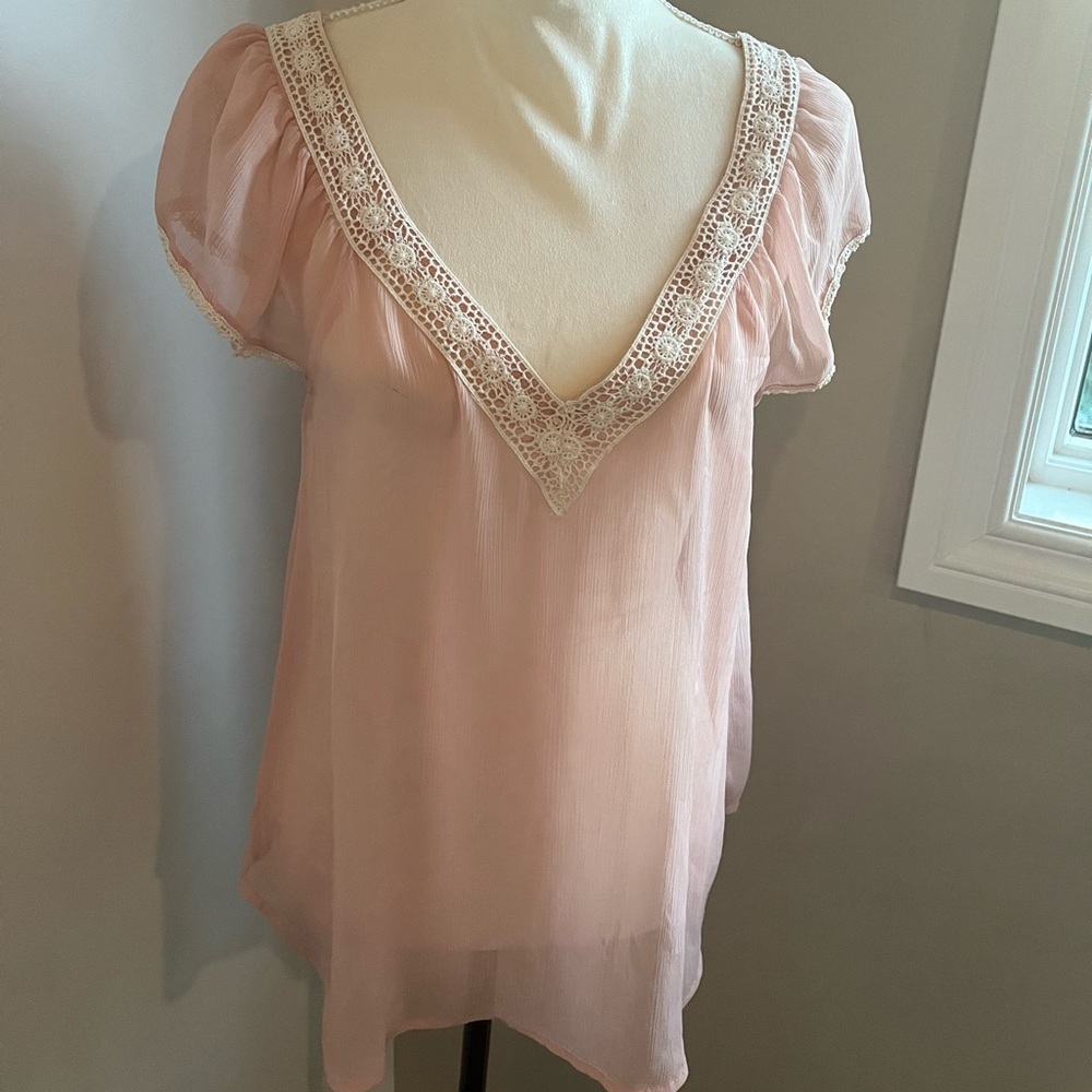 Petticoat Alley Sheer blush lace trim blouse